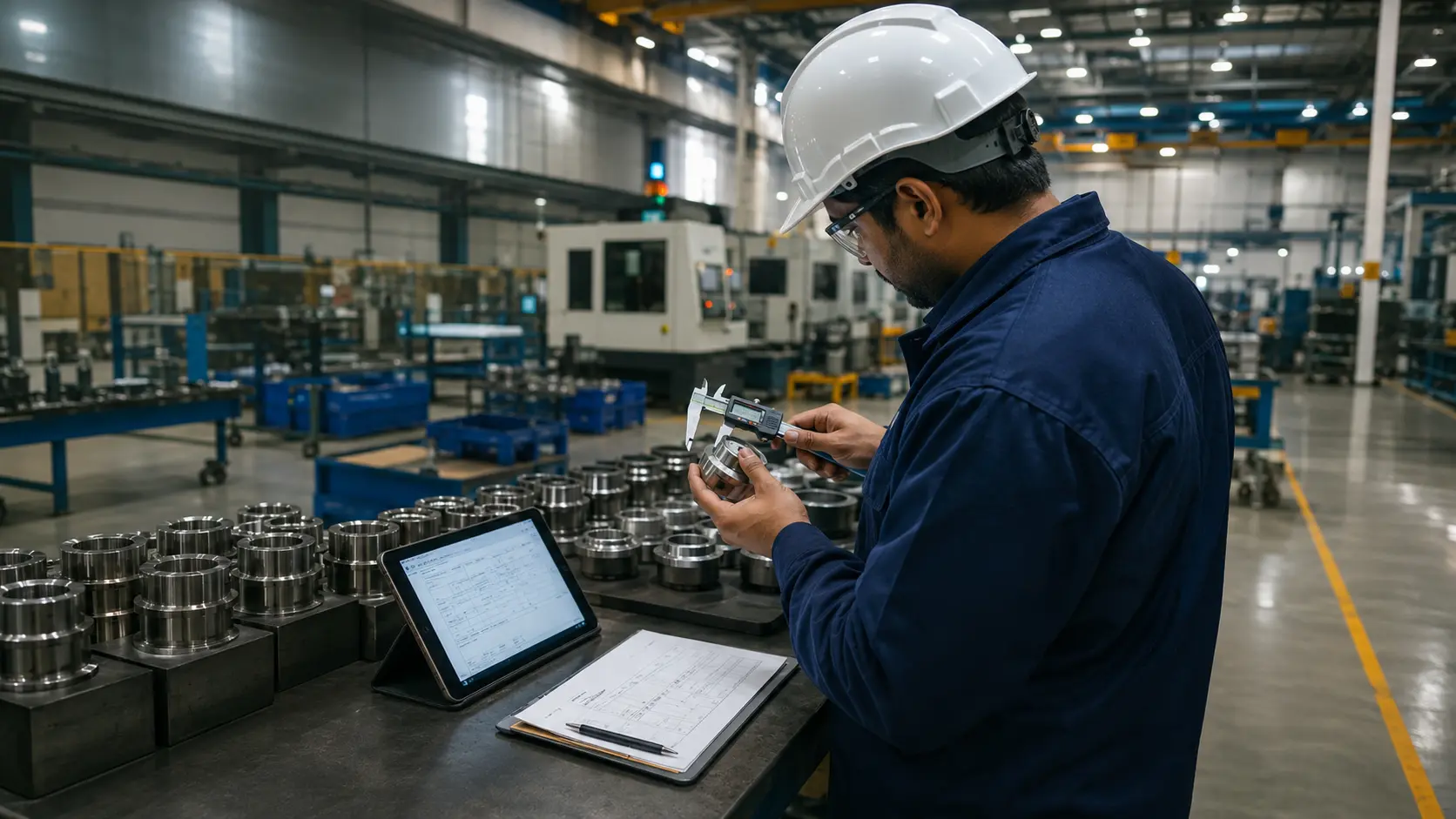 Quality engineer checking precision metal components at an Indian manufacturing facility